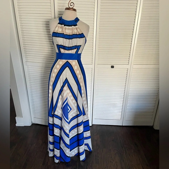 ELIZA J long maxi Halter Dress blue cream tan black 2 - Picture 1 of 14